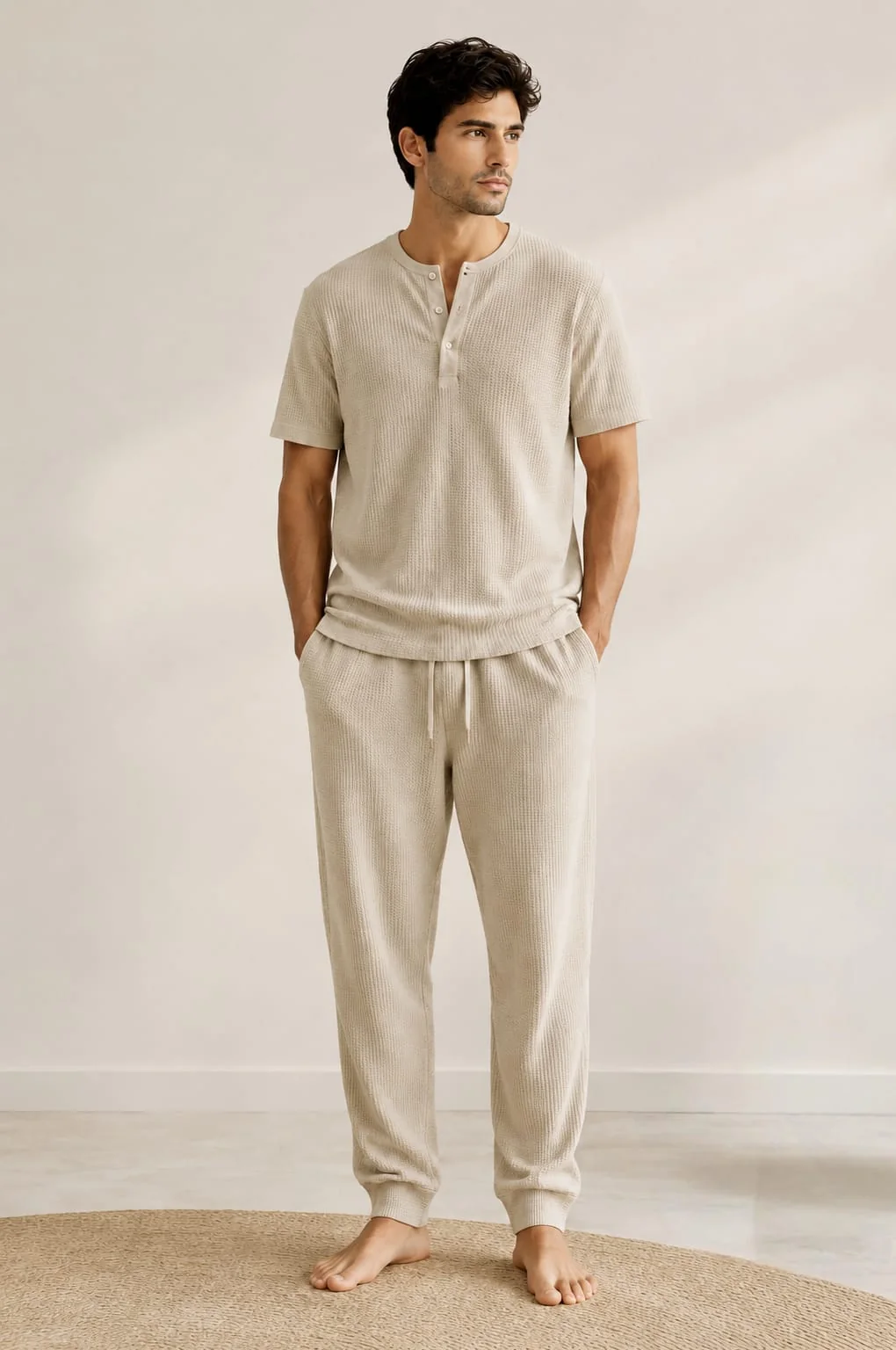 Men's cream textured loungewear set