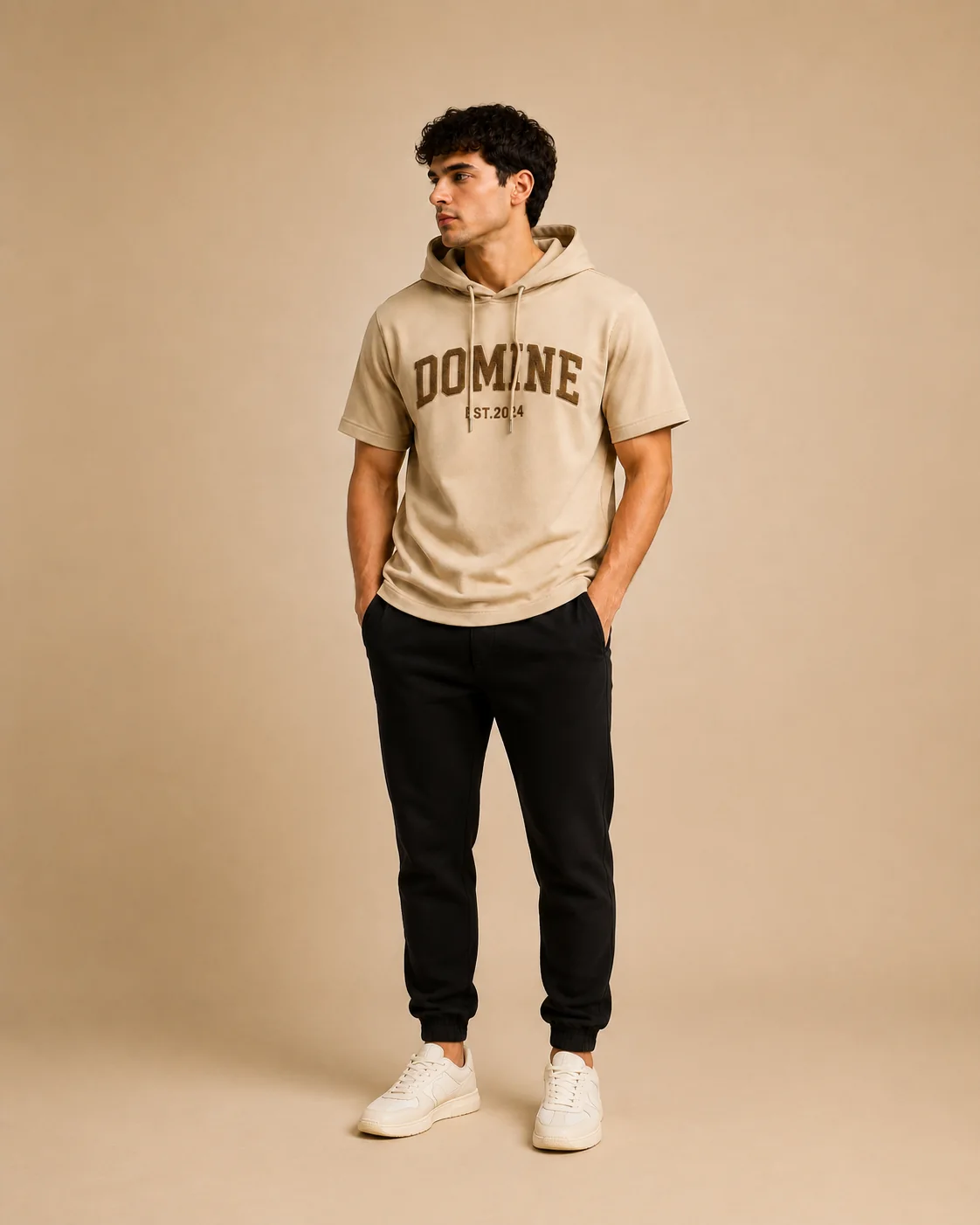 Men's beige short-sleeve hooded T-shirt
