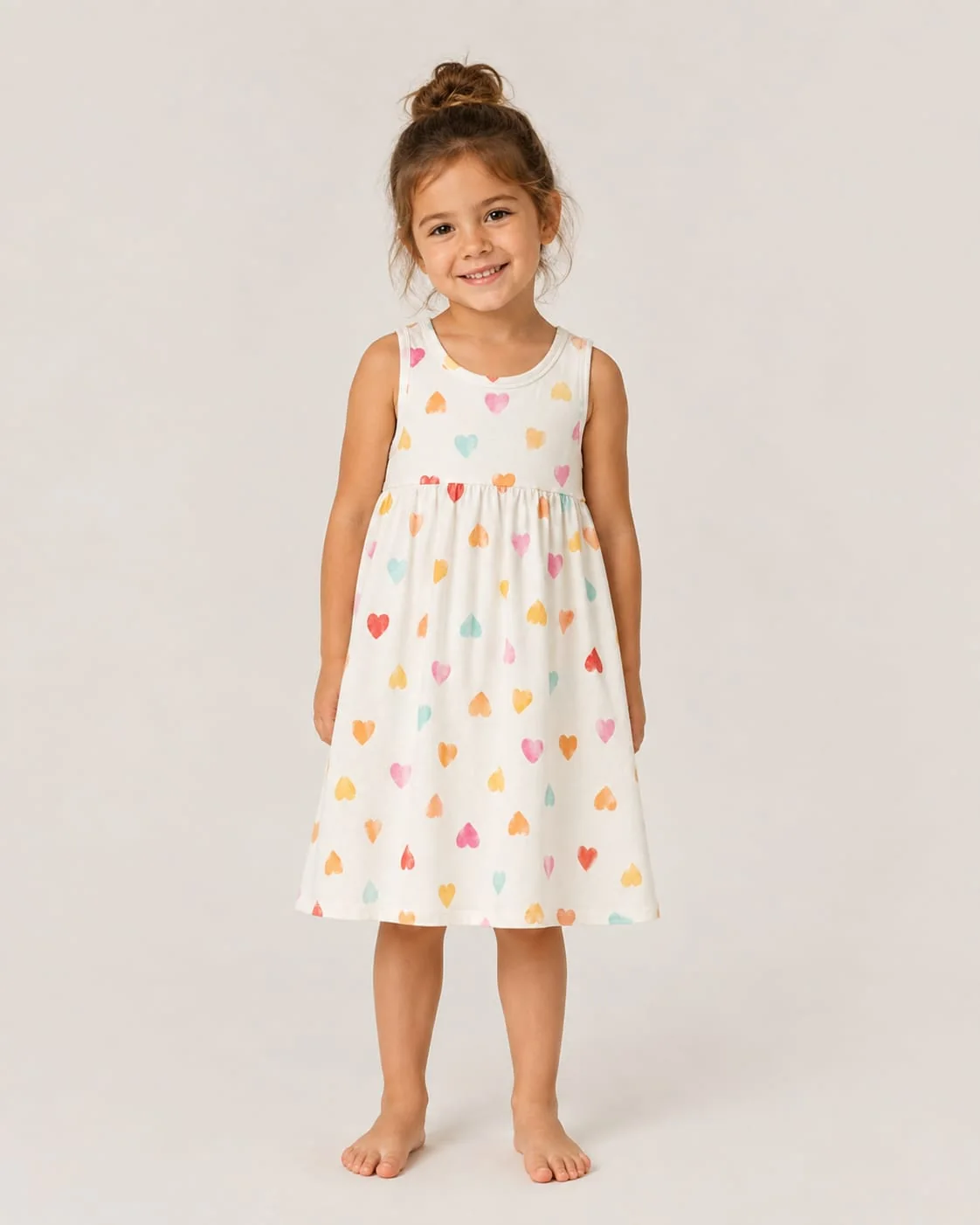 Girl wearing a white sleeveless heart-print dress