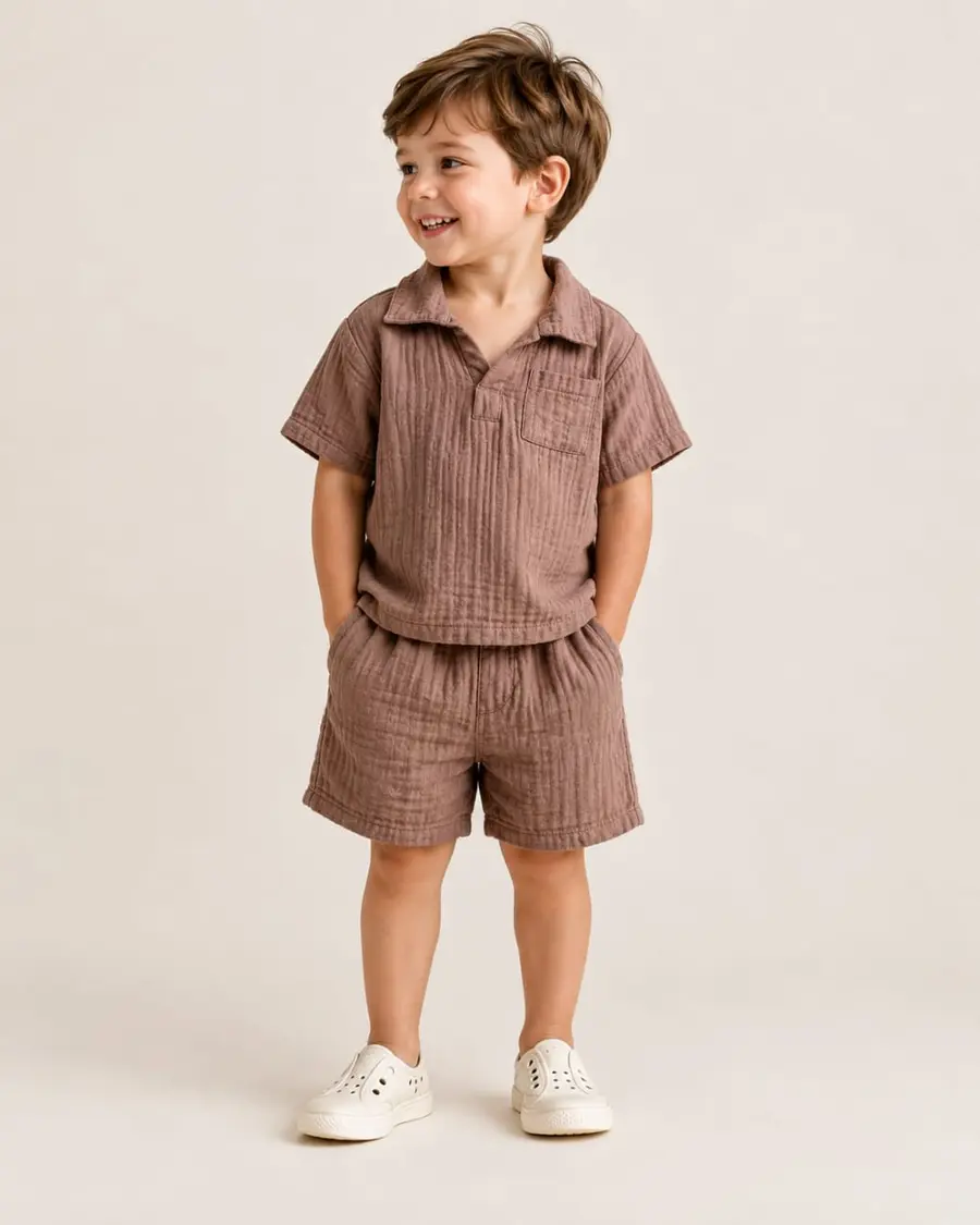 Young boy wearing a brown textured shirt and matching shorts set