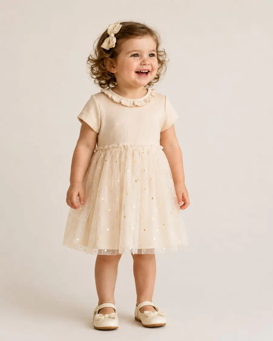 Young girl wearing a cream occasion dress with a tulle skirt
